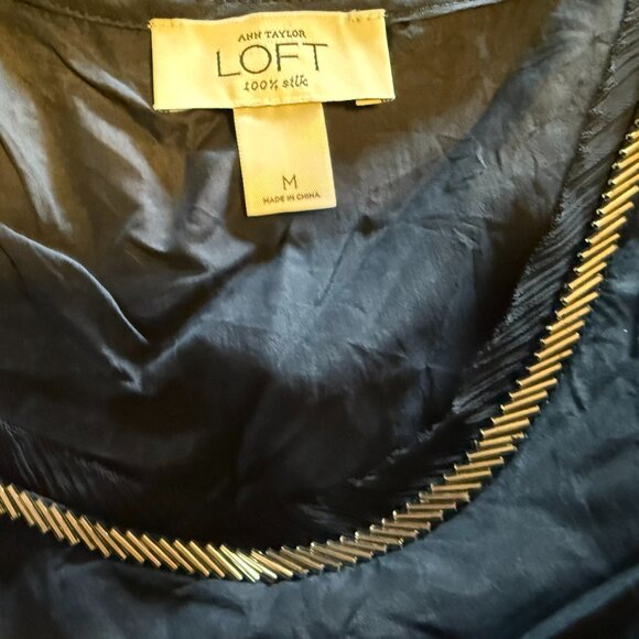 Loft Navy 100% Silk Dressy Shell w/Silver Beaded Neck - Medium - Picture 4 of 5